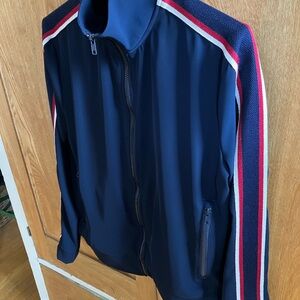 Women’s Motel Rocks Navy Track Bomber with Red & White Shoulder Stripe. Sz S